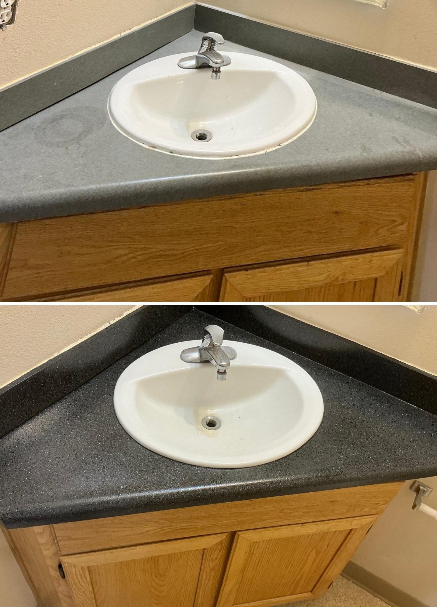 Corner vanity before above and after a classic speckled finish below