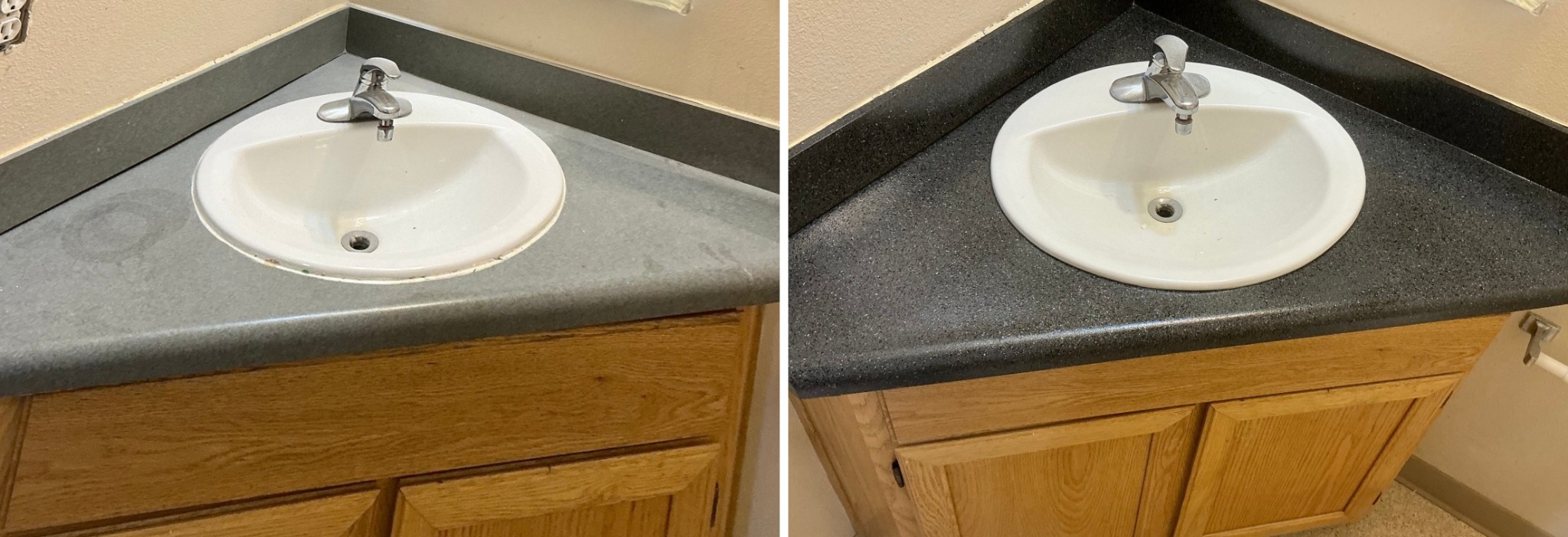 Before and after: gray corner vanity resurfaced with a dark speckled finish