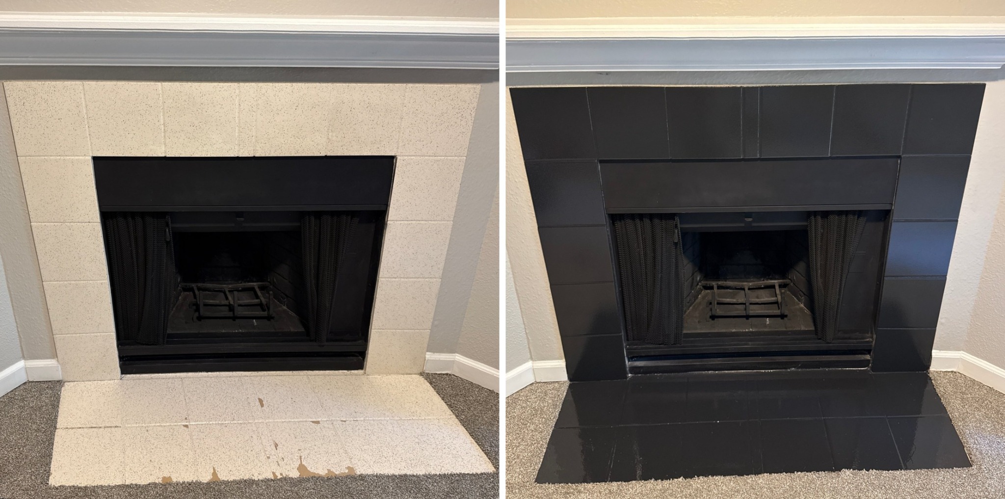 Before and after: beige fireplace tile and hearth resurfaced in dark slate gray