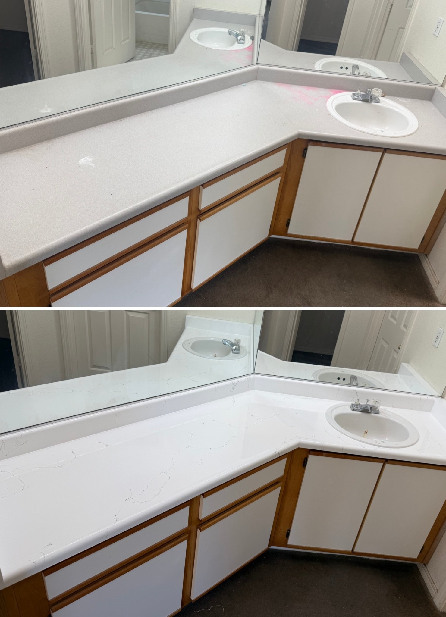 Before at top and after at bottom: L-shaped vanity transformed to white marbling