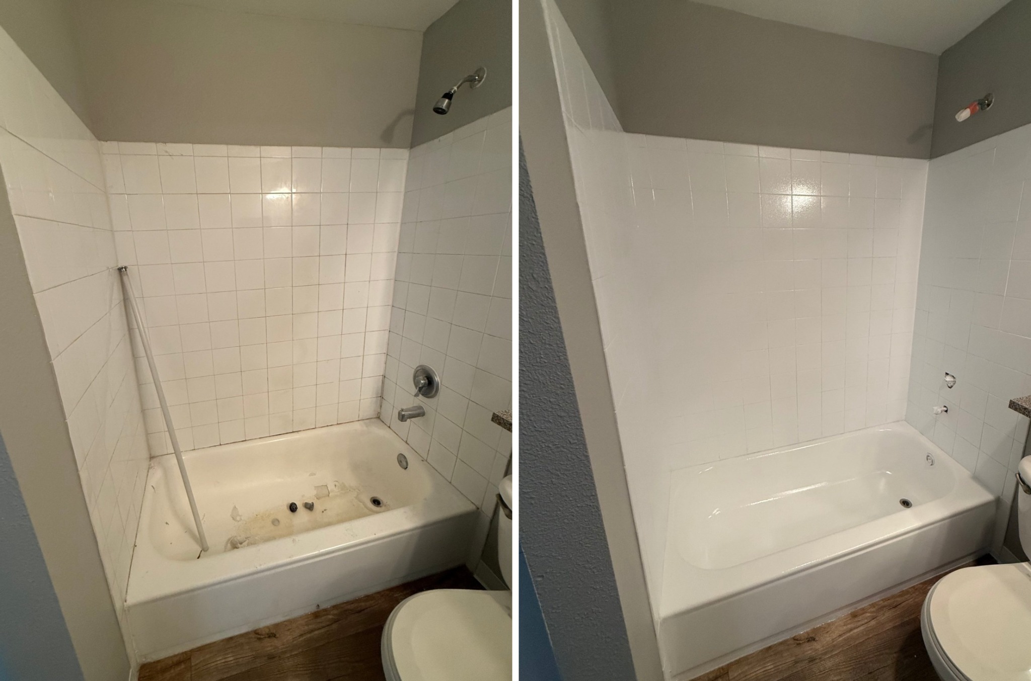 Before and after: stained tile shower and bathtub resurfaced in white
