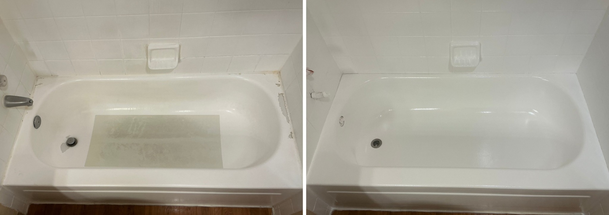 Before and after: peeling bathtub finish renewed in white