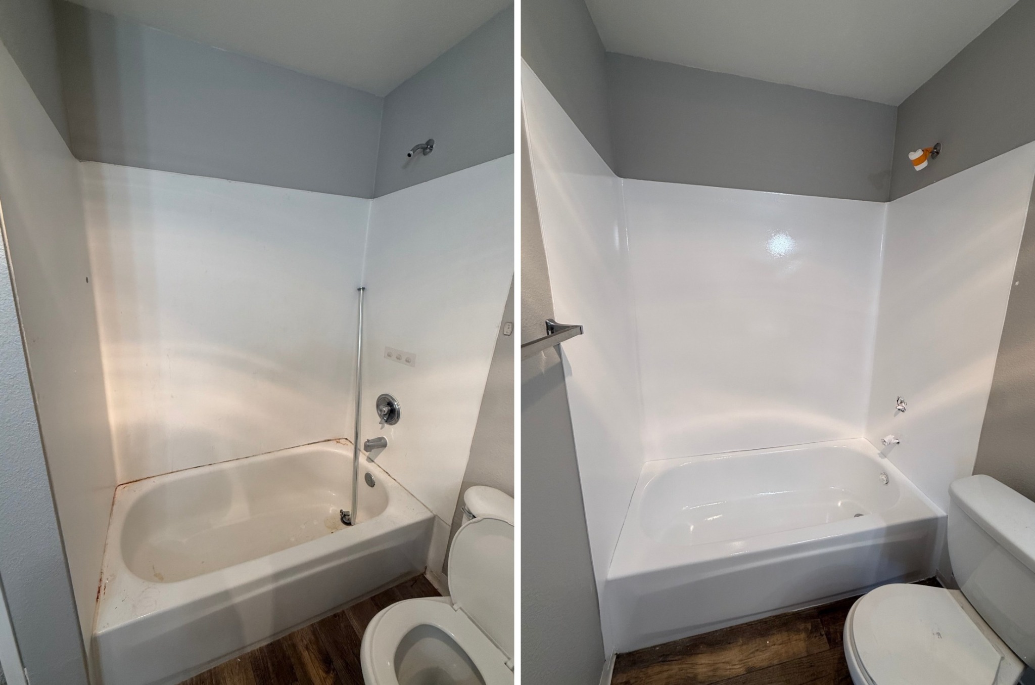 Before and after: worn bathtub and surround refinished in glossy white