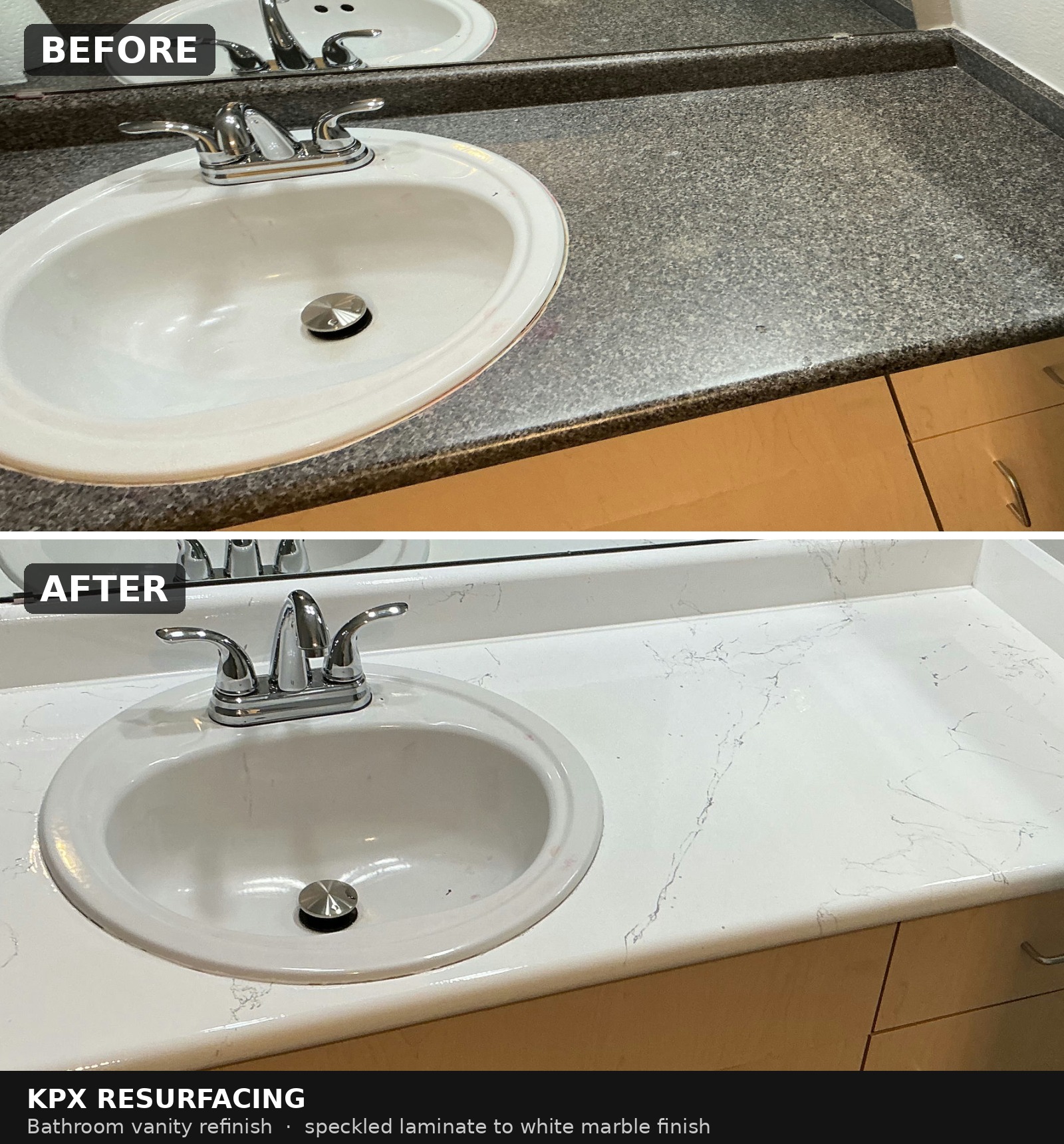 Before at top and after at bottom: bathroom vanity resurfaced in white marbling